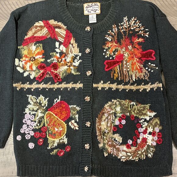 Vtg thanksgiving sweater Knit Cardigan Womens small Fall holiday leaves Granny - Picture 2 of 6